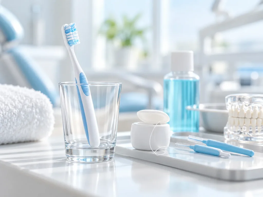 Brosse à dents, fil dentaire et brossettes interdentaires