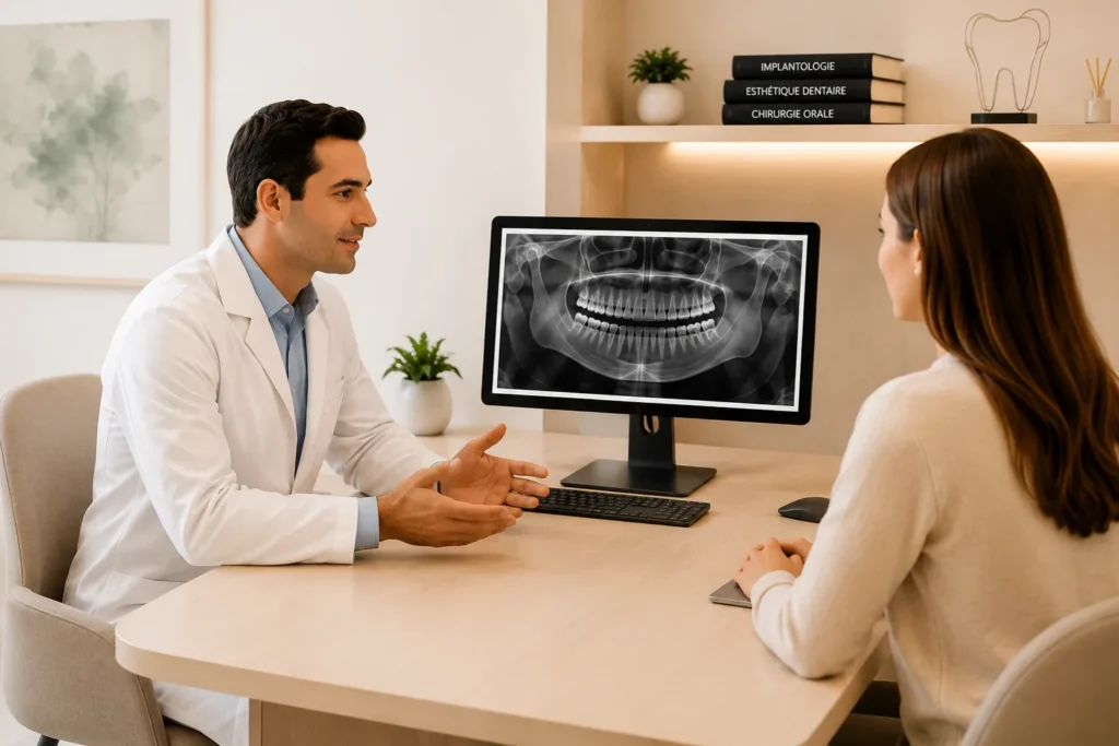 Échange entre un praticien et une patiente devant une radiographie dentaire