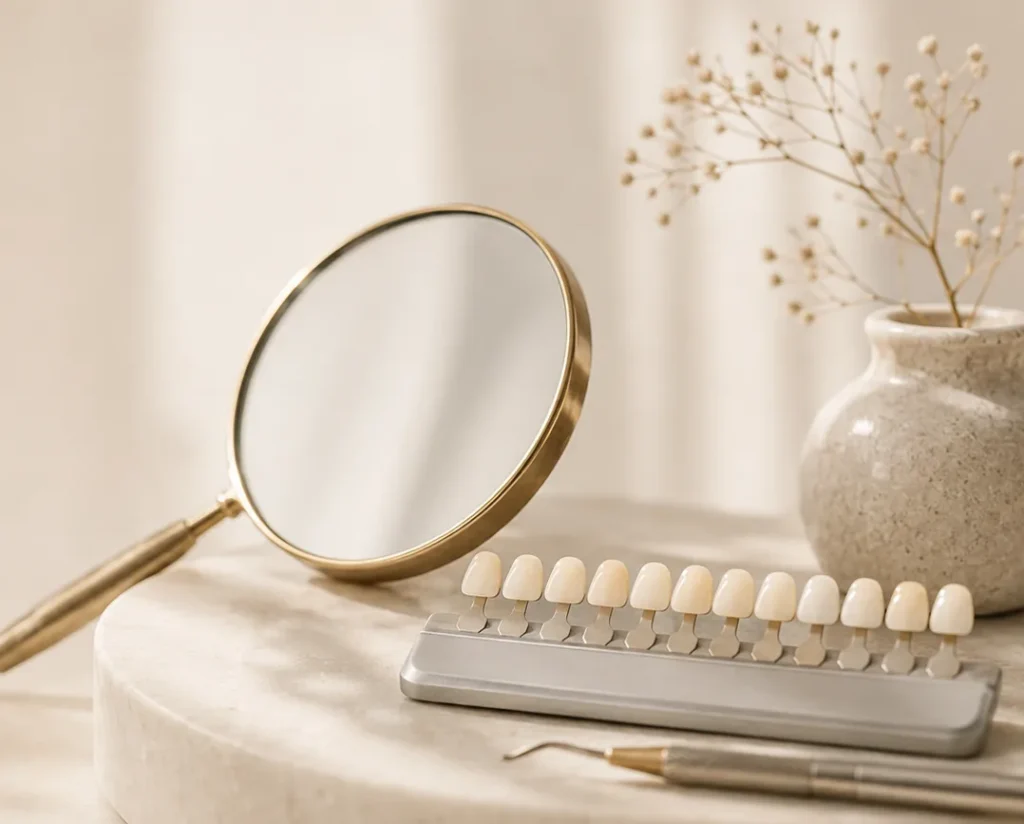 Miroir et teintier illustrant l’analyse esthétique du sourire