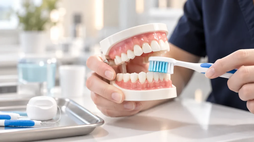 Démonstration de la technique de brossage sur un modèle dentaire