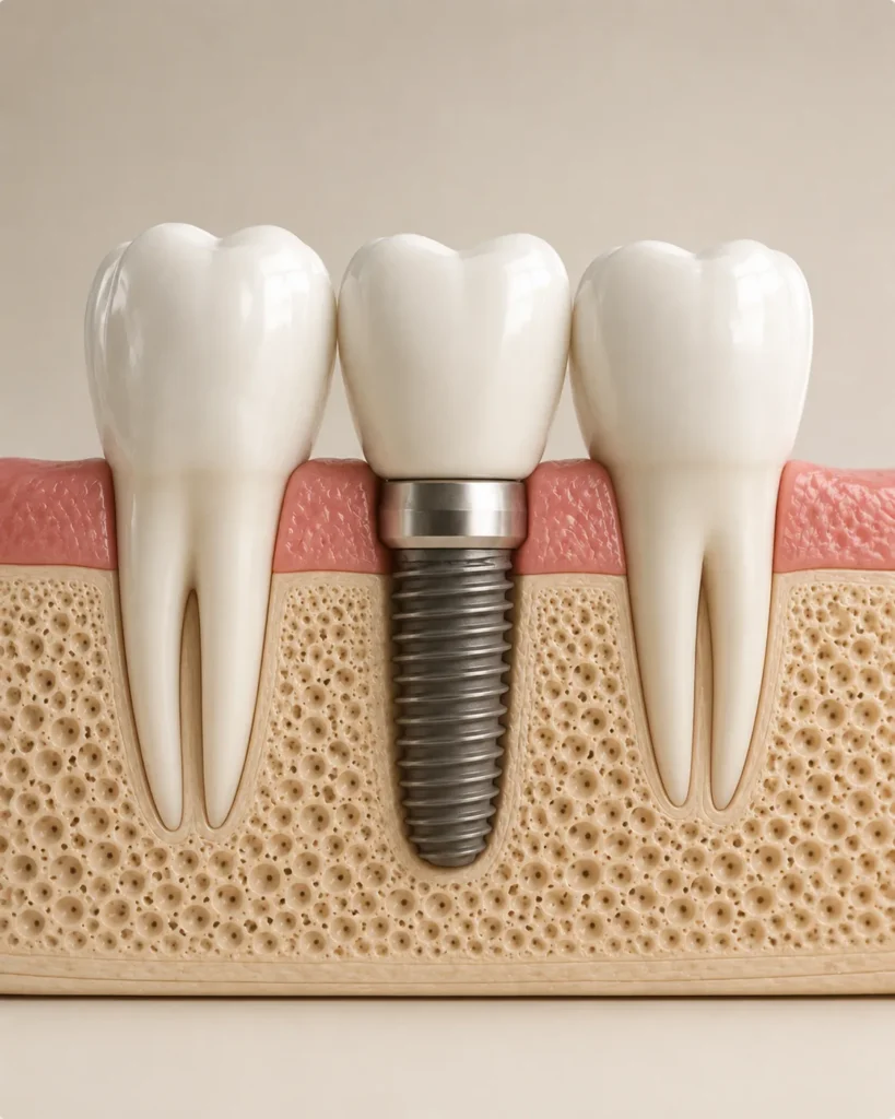 Coupe anatomique avec implant dentaire dans l’os et la gencive